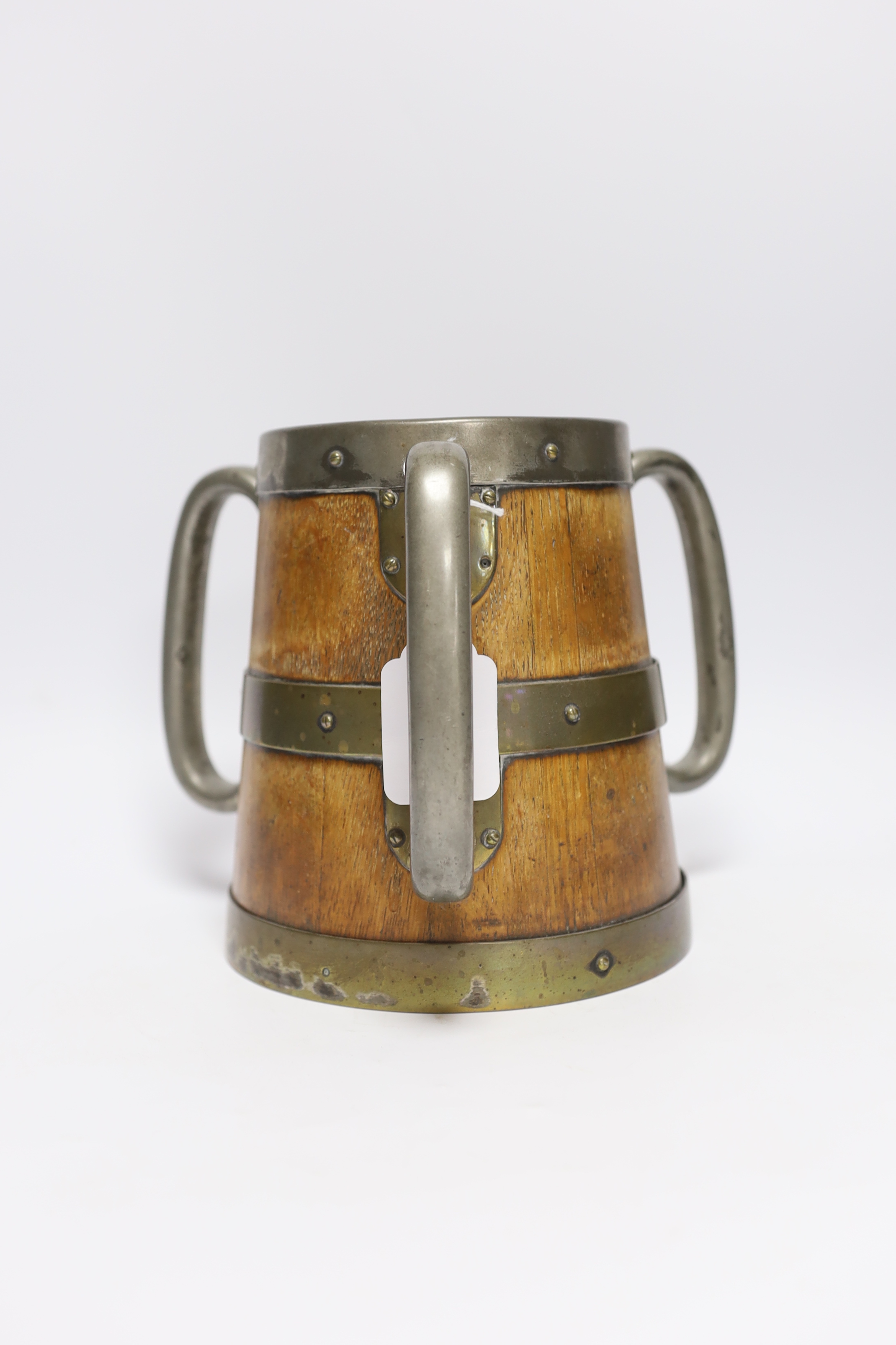 A large Victorian oak and pewter tyg, 19.5cm high